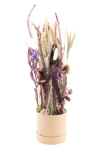 Boîte ronde en carton de type chapeau avec fleurs séchées et stabilisées en hauteur