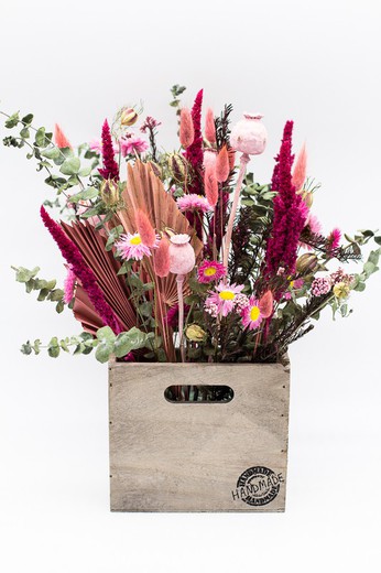 Boîte XL en bois avec fleurs séchées et fleurs stabilisées en rose et fuchsia