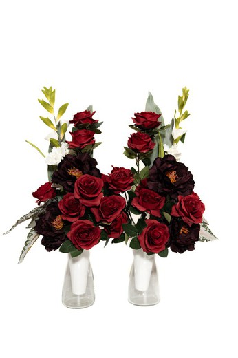 Elegante y clásico ramo de flores para cementerio con gladiolos y rosas rojas artificiales