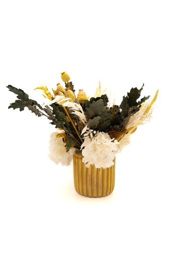 Incroyable centre de table fleuri sur socle en céramique couleur moutarde avec fleurs séchées et fleurs stabilisées
