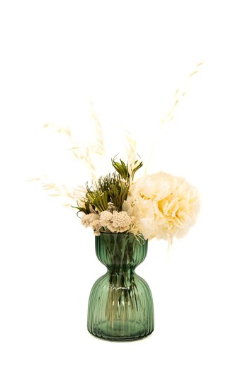 Jarrón de cristal con hortensia preservada en color blanco
