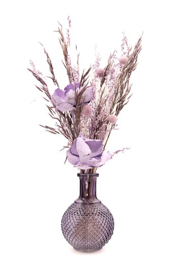 Vase en verre violet avec fleurs d'avoine séchées
