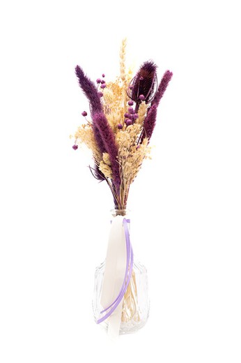 Vase en verre transparent avec fleurs séchées lilas
