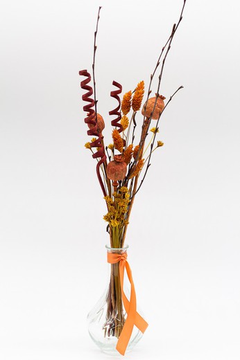 Jarrón vintage de cristal con flores secas y flores preservadas en color Naranja