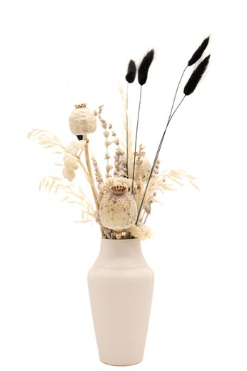 Vase minimaliste en métal blanc avec composition florale de fleurs séchées