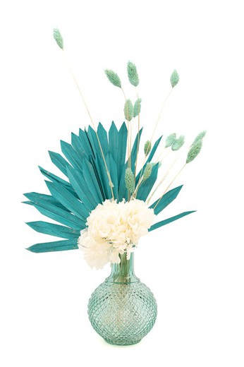 Vase en verre moderne et audacieux avec fleurs stabilisées et séchées