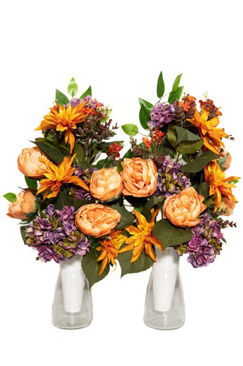 Bouquet de fleurs de cimetière artificielles aux couleurs vives et gaies, lilas et orange