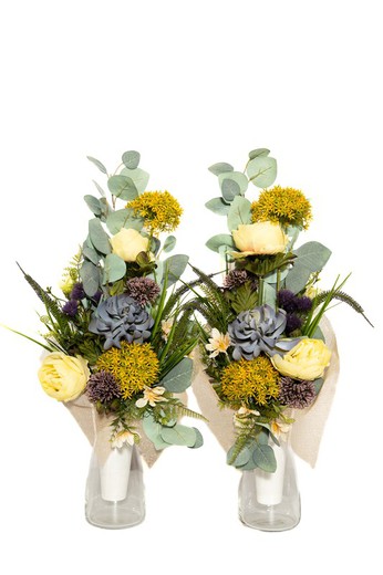 Bouquet de fleurs pour cimetière aux couleurs vertes et jaunes