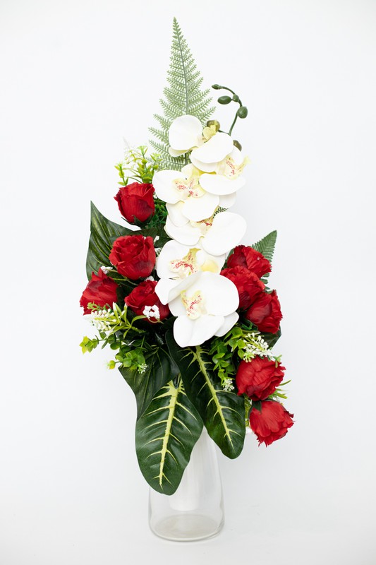 Buquê de flores artificiais com orquídea e rosas para cemitério em branco e  vermelho — Oh!MyFlor