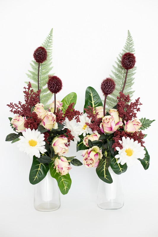 Bouquet de cemitério elegante com rosas e orquídeas em flores artificiais  cor de vinho e rosa claro — Oh!MyFlor