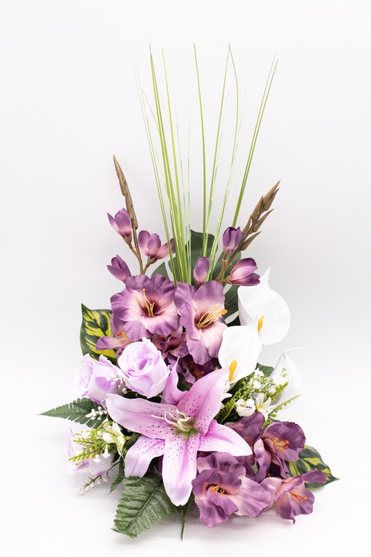 Ramo de flores artificiales para cementerio con gladiolos en color morado y  roas en color natural — Oh!MyFlor