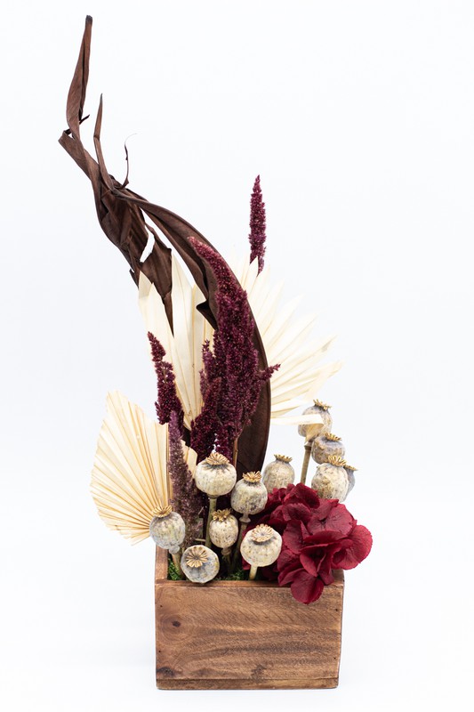 Composition de fleurs séchées et conservées sur un socle en bois d'acajou —  Oh!MyFlor
